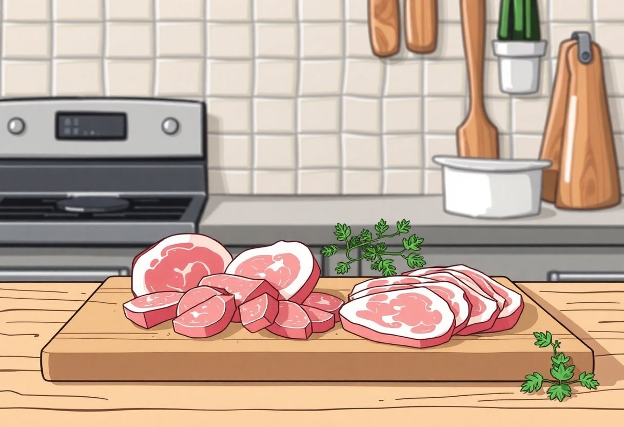 Tagli di carne di vitella su una tavola da cucina
