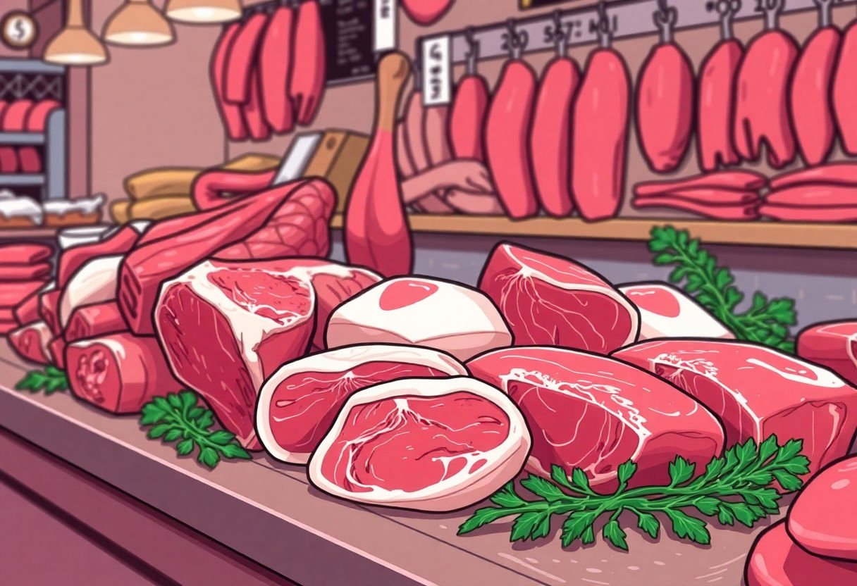 Varietà di carne di vitella su un banco da macellaio.