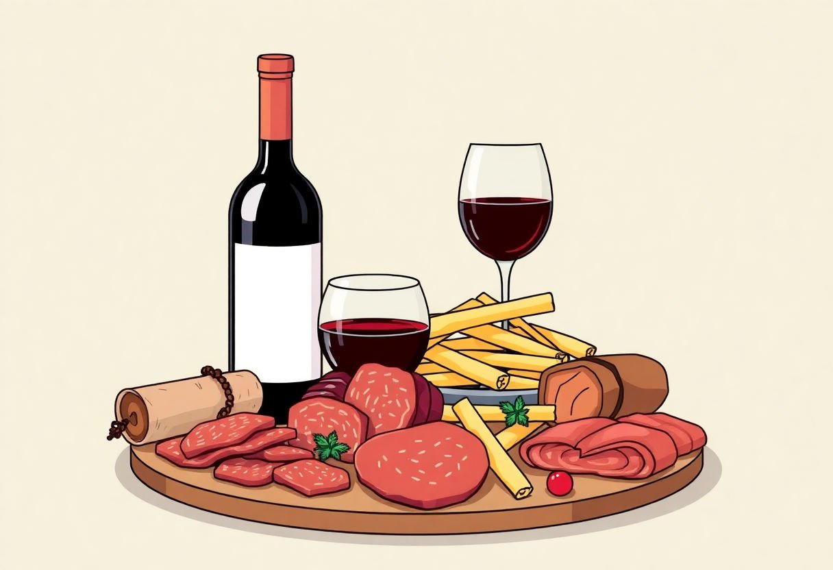 Presentazione estetica di taralli, salumi e vino rosso.