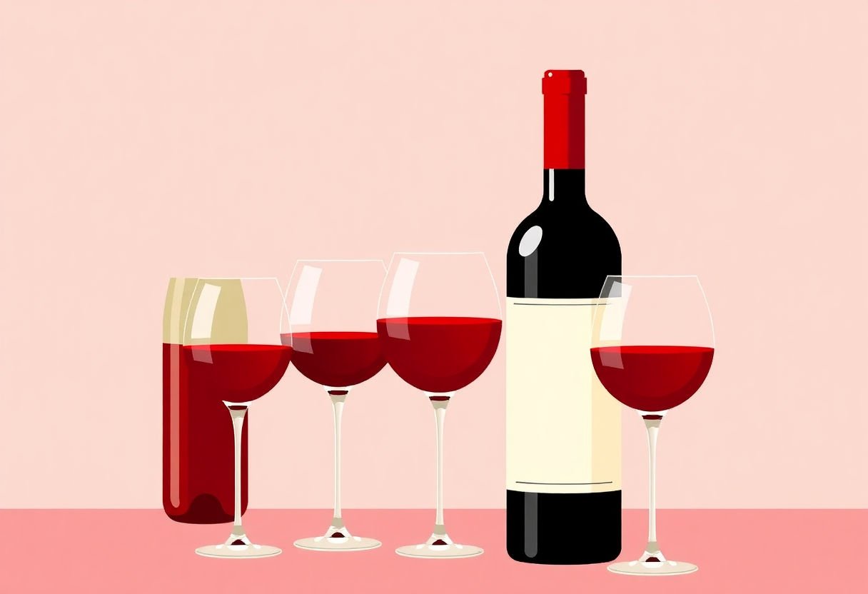 Bottiglie di vino rosso con calici.