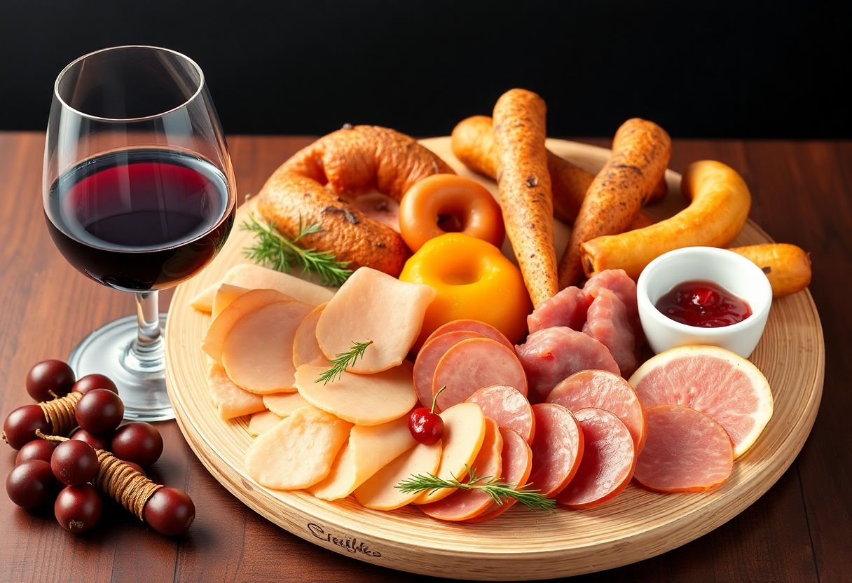 Taralli e vino rosso insieme a un piatto di salumi.