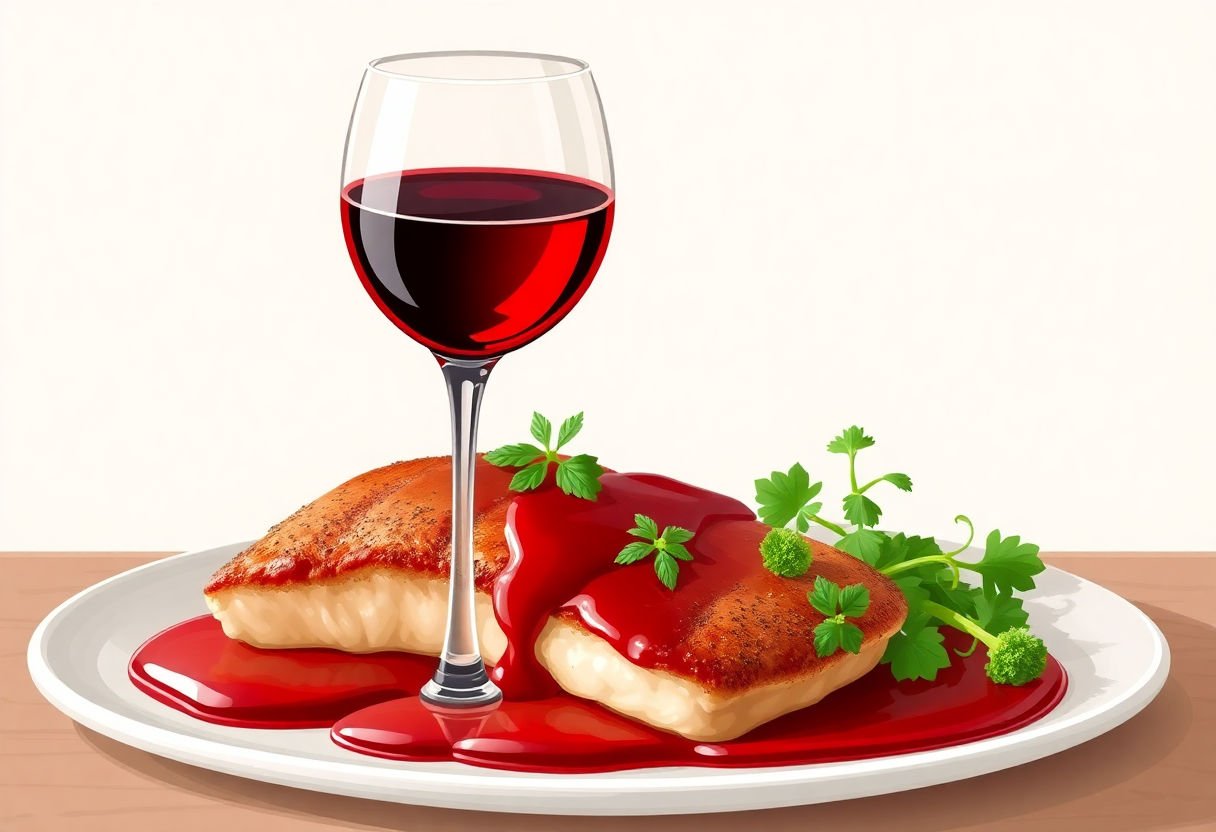 Calice di vino rosso accanto a scaloppine con salsa