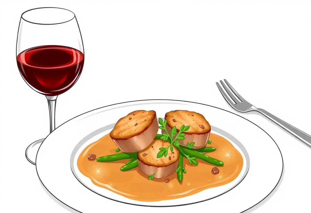 Calice di vino rosso accanto a un piatto di scaloppine di vitella