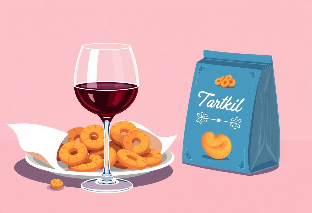 Bicchiere di vino rosso accanto a un pacchetto di taralli