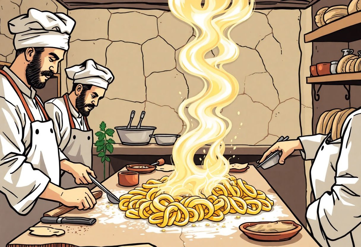Antica cucina italiana con cuochi che preparano taralli