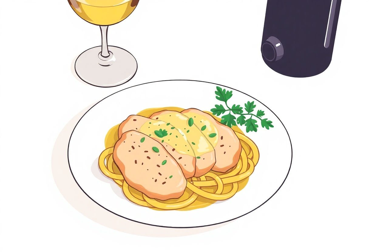 Scaloppine di pollo al vino bianco su un piatto bianco
