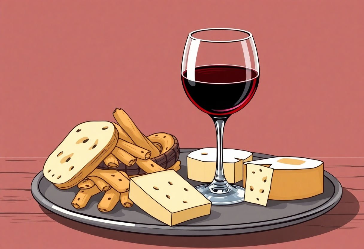 Un bicchiere di vino rosso con taralli e formaggi